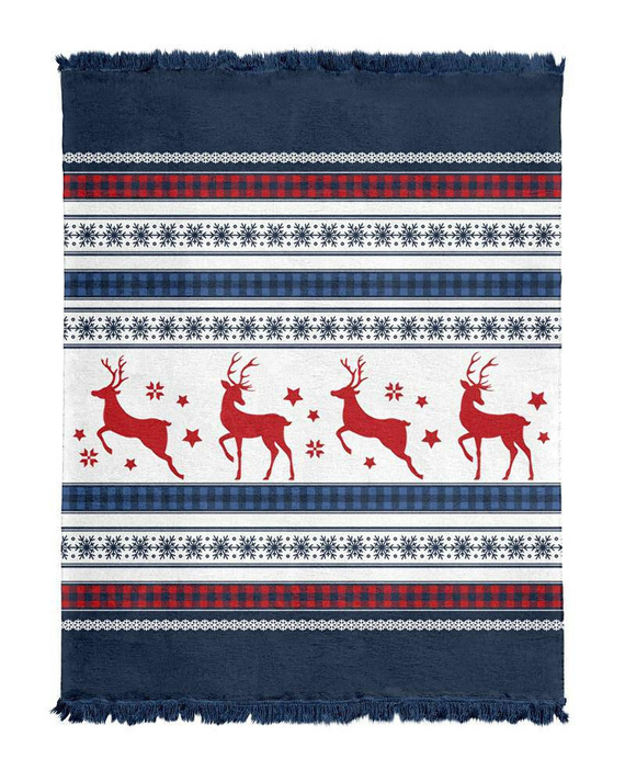 Koc świąteczny z frędzlami 100 JB renifery Detexpol granatowy/czerwony