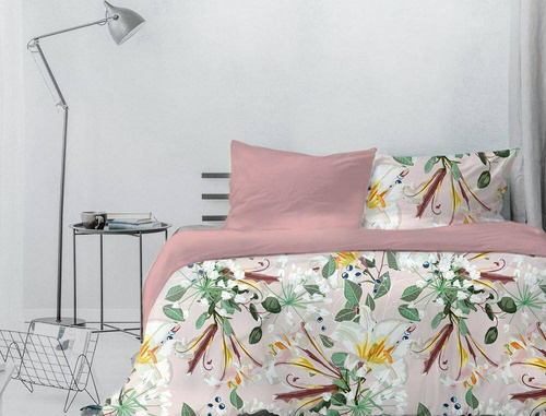 Pościel bawełniana Eufloria 012  kwiaty liście dwustronna Faro biały