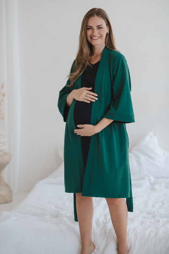 Milk&Love szlafrok ciążowy butelkowa zieleń– bawełniana dzianina, elastyczny, idealny na połóg