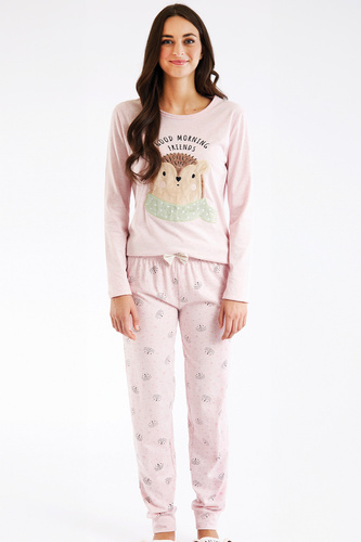 Piżama damska Antea Sorbetto różowa – jersey, z aplikacją 3D, długa, różowa