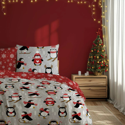Scandic 076 Scandic Faro szaro-czerwona z pingwinami  – pościel świąteczna dwustronna, bawełna 100%, komplet 