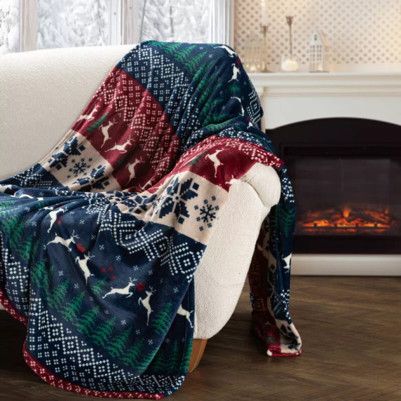 Narzuta świąteczna Eurofirany granatowy czerwony ze skandynawskim wzorem – miękki koc z mikrofibry, ciepły i lekki