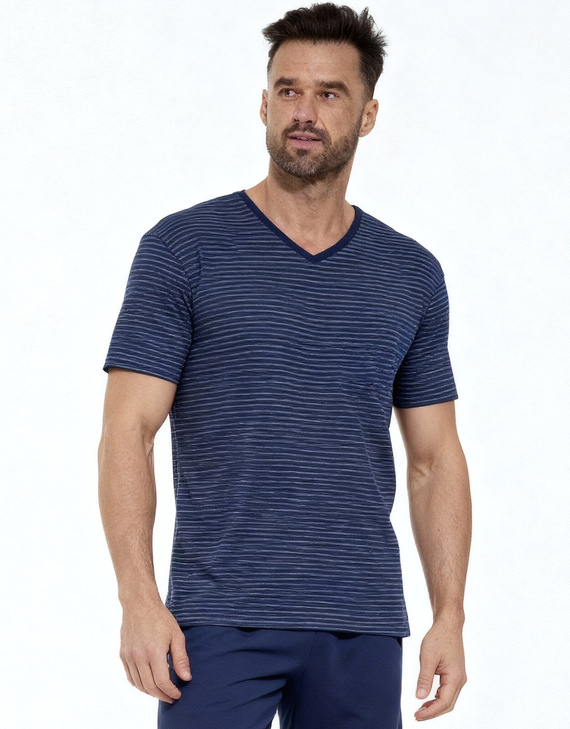 Piżama Piżama Various 330/50 Cornette – Męska Piżama Bawełniana z Koszulką w Paski i Jednolitymi Szortamikrótki rękaw, spodenki 330/39 Various Cornette - granatowy