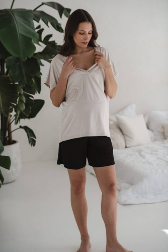 Bambusowa bluzka od piżamy ciążowej do karmienia krótki rękaw Moon Milk&Love jasny beżowy