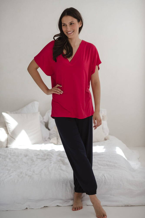 Bambusowa bluzka od piżamy ciążowej do karmienia krótki rękaw Moon Milk&Love malinowy