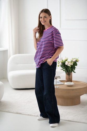 T-shirt do karmienia i ciąży Mamahood oversize z krytymi zamkami OEKO-TEX Milk&Love różowo-niebieskie paski 