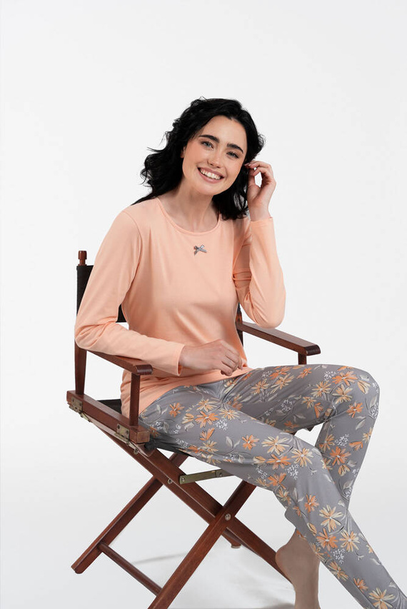 Piżama Damska długi rękaw, spodnie Kasali Italian Fashion - łosoś/druk