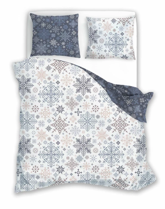Scandic 077 Scandic Faro biała i granatowa w śnieżynki – pościel świąteczna dwustronna, bawełna 100%, komplet