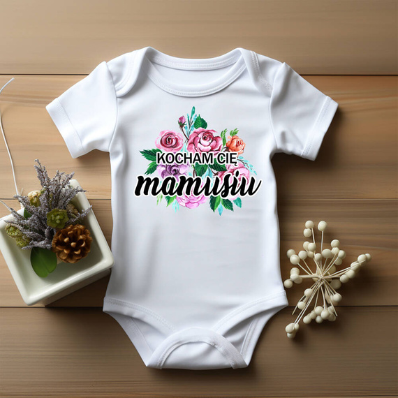 Body krótki rękaw  "Kocham Cię mamusiu" z kwiatami Moocha biały