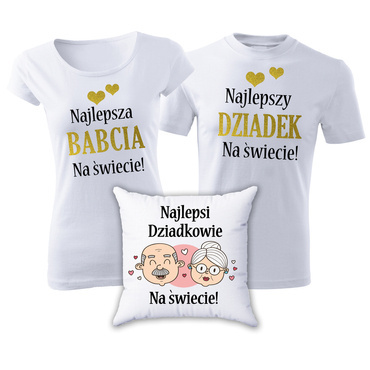 ZESTAW dla BABCI I DZIADKA "Najlepsi Dziadkowie na świecie" - koszulki + poduszka Moocha