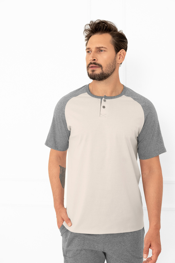 Piżama męska Aleksander Italian Fashion beżowa – klasyczna bawełniana, z kieszeniami