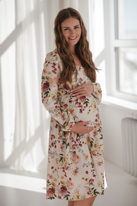 Sukienka ciążowa i do karmienia Lovely Dress Midi Milk&Love kremowa w kwiaty– naturalna tkanina z lnem, elegancka midi z zamkami do karmienia