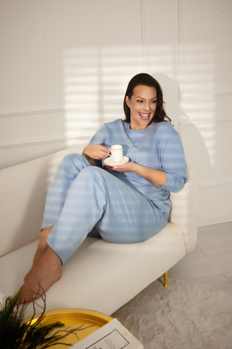 Piżama damska Ksara Italian Fashion – wygodny komplet z nadrukiem i kieszeniami - stalowy 