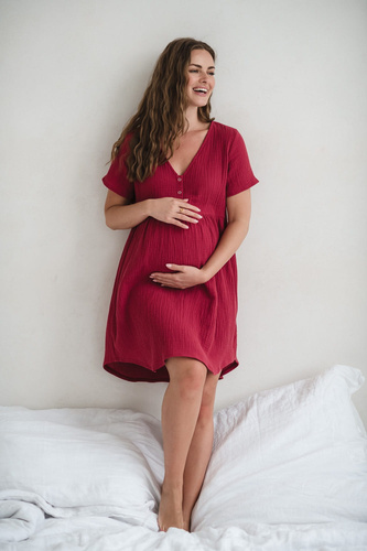Koszula nocna ciążowa i do karmienia muślinowa Aurora Milk&Love malinowy