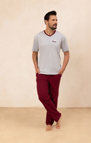 Regina 498 męska piżama bawełniana – koszulka z nadrukiem i długie spodnie- szara