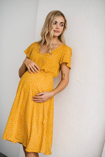 Sukienka ciążowa i do karmienia Lovely Dress Midi Milk&Love musztardowy w groszki