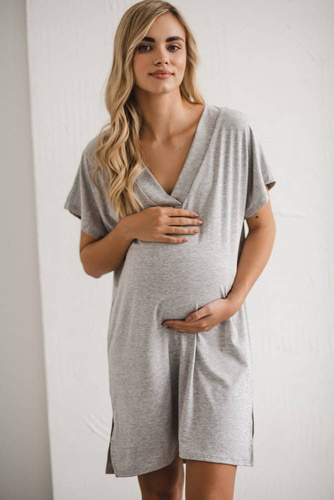 Wiskozowa koszula nocna ciążowa i do karmienia Moon Milk&Love jasny szary melanż