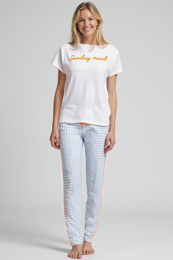 Dana Sorbetto niebieska – bawełniana piżama damska z haftem i spodniami w kratkę