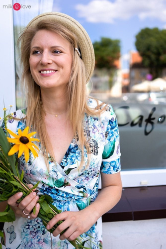 Two Ways LONG Sukienka do karmienia ciążowa krótki rękaw Milk&Love miętowa w magnolie i ptaki