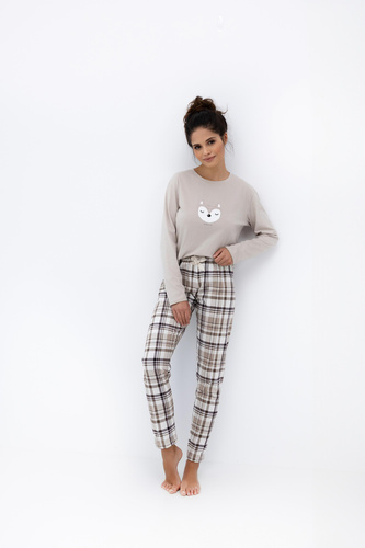 Sensis Tinsley – damska piżama bawełniana z nadrukiem i spodniami w kratkę