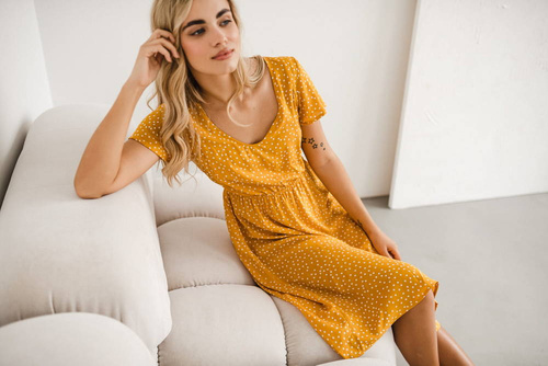 Sukienka ciążowa i do karmienia Lovely Dress Midi Milk&Love musztardowy w groszki