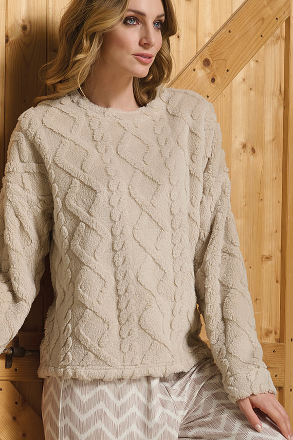 Sofie Sorbetto beżowa – piżama damska sherpa, spodnie palazzo w zygzaki