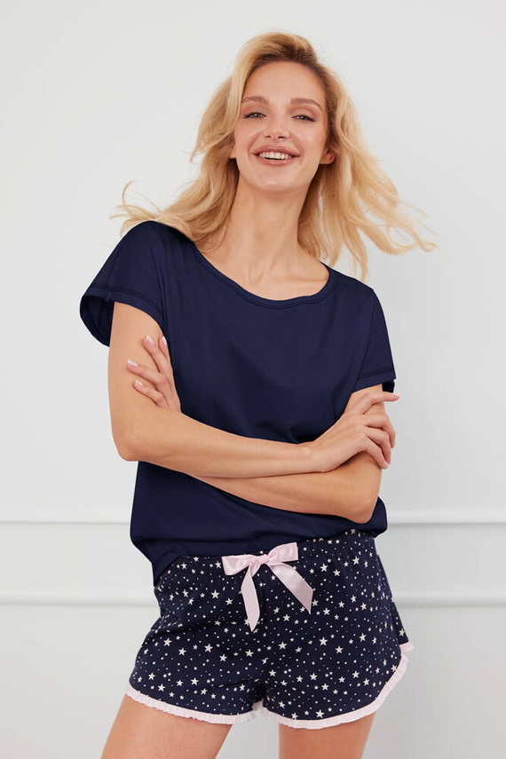 Piżama Damska krótki rękaw, spodenki Libra Italian Fashion - granatowy/druk