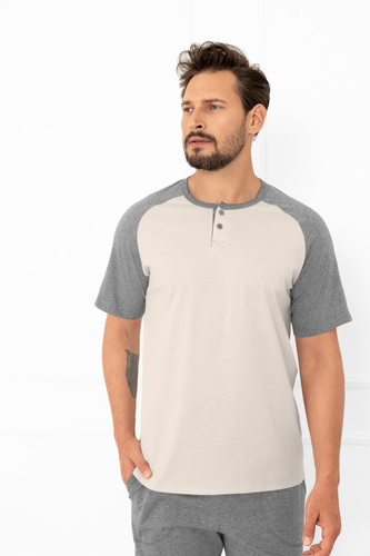 Piżama męska Aleksander Italian Fashion beżowa – klasyczna bawełniana, z kieszeniami