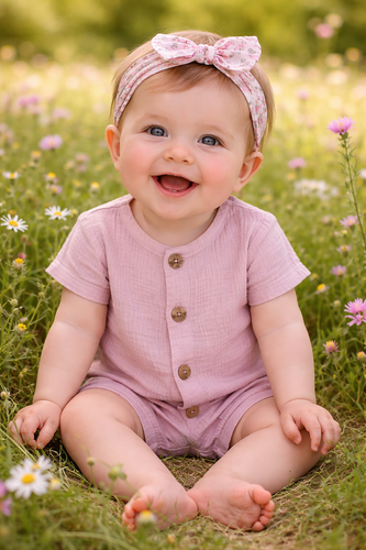 Rampers muślinowy Just Muslin Makoma rose– krótki rękaw, 100% bawełna