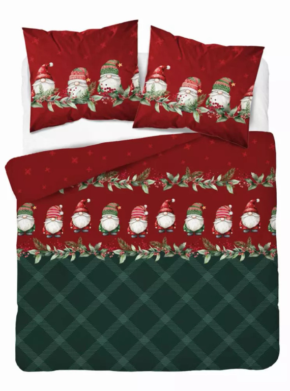 5618 B Magia Świąt Detexpol Pościel świąteczna flanelowa w skrzaty na bordowo-zielonym tle– bawełna 100%, certyfikat OEKO-TEX®
