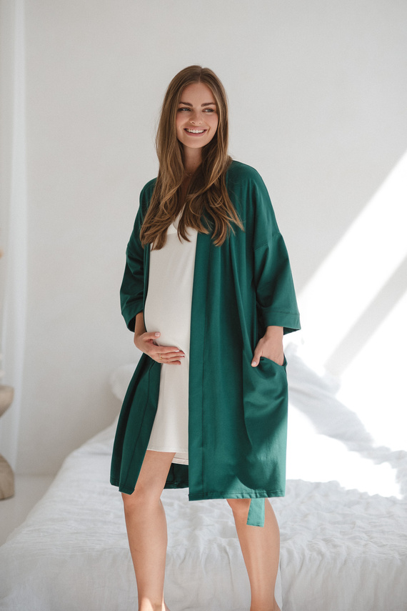 Milk&Love szlafrok ciążowy butelkowa zieleń– bawełniana dzianina, elastyczny, idealny na połóg