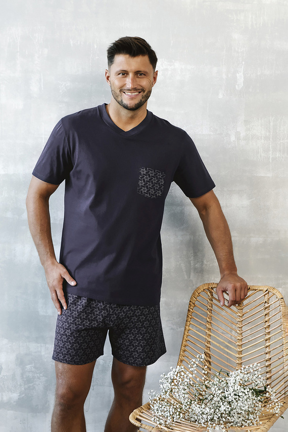 Piżama Męska krótki rękaw, spodenki Diaz Italian Fashion - granatowy/druk
