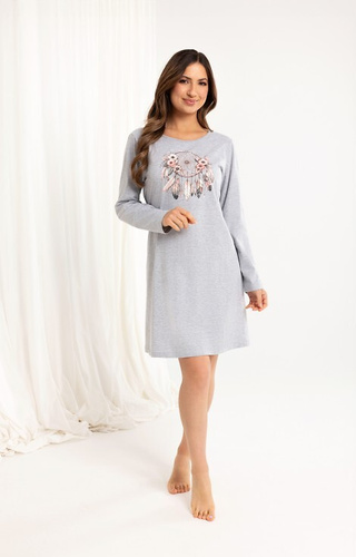 Regina 162 koszula nocna bawełniana szara – długi rękaw, nadruk, przed kolano