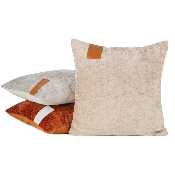 Poszewka z miękkiej szenilowej tkaniny ze skórzaną wstawką Eurofirany beżowy