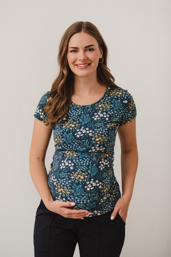 Bluzka do karmienia i ciążowa z krótkim rękawem Milk Shirt Milk&Love łąka na granatowym