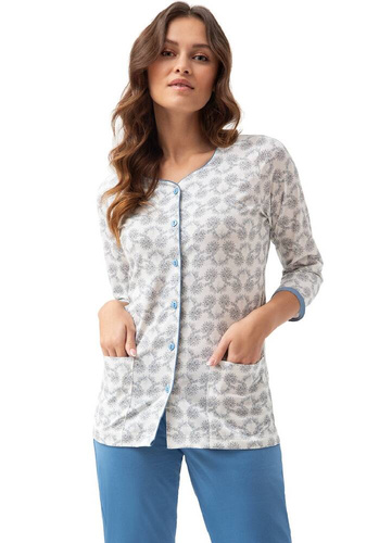 Piżama damska rozpinana 668 LUNA - biały-niebieski w kwiaty