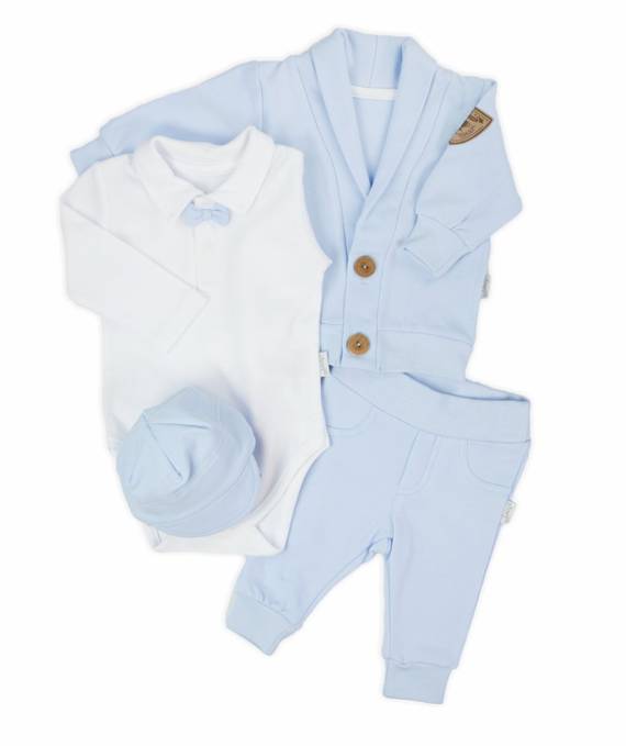 Komplet czapka, bluza, body i spodnie 169401 "Mix" Nicol - niebieski
