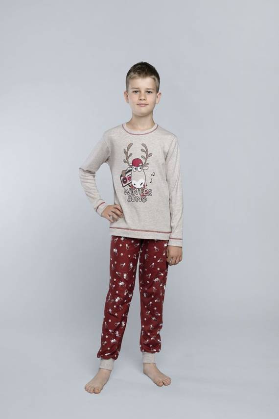 Piżama chłopięca długi rękaw, długie spodnie Rupert Italian Fashion- beż/bordo 
