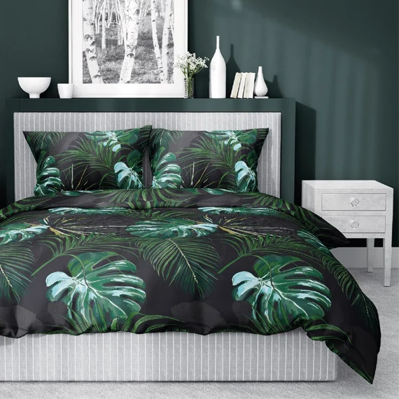 Pościel satynowa 4680 A Home Satin liście Detexpol czarny