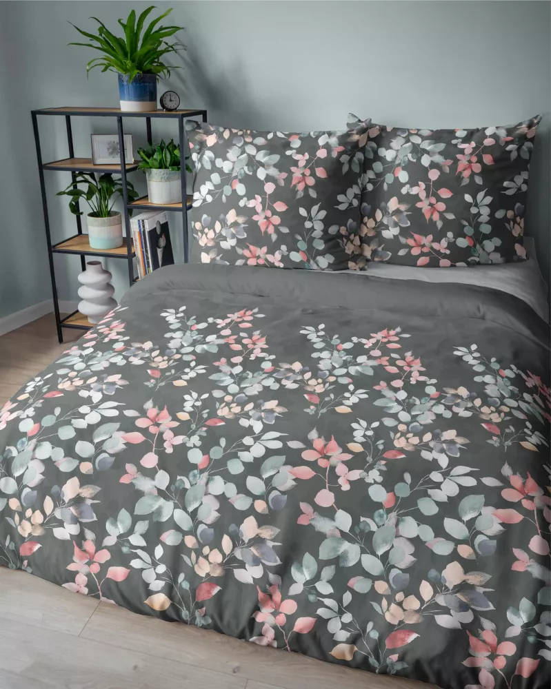 Pościel satynowa gałązki 5084 A Home Satin Detexpol grafitowy 